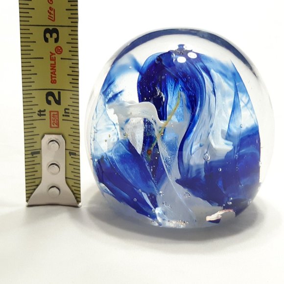 Vintage Kerry Glass Paperweight Round Size Small Blue Swirl Latticinio 3 in Tall - Picture 3 of 10